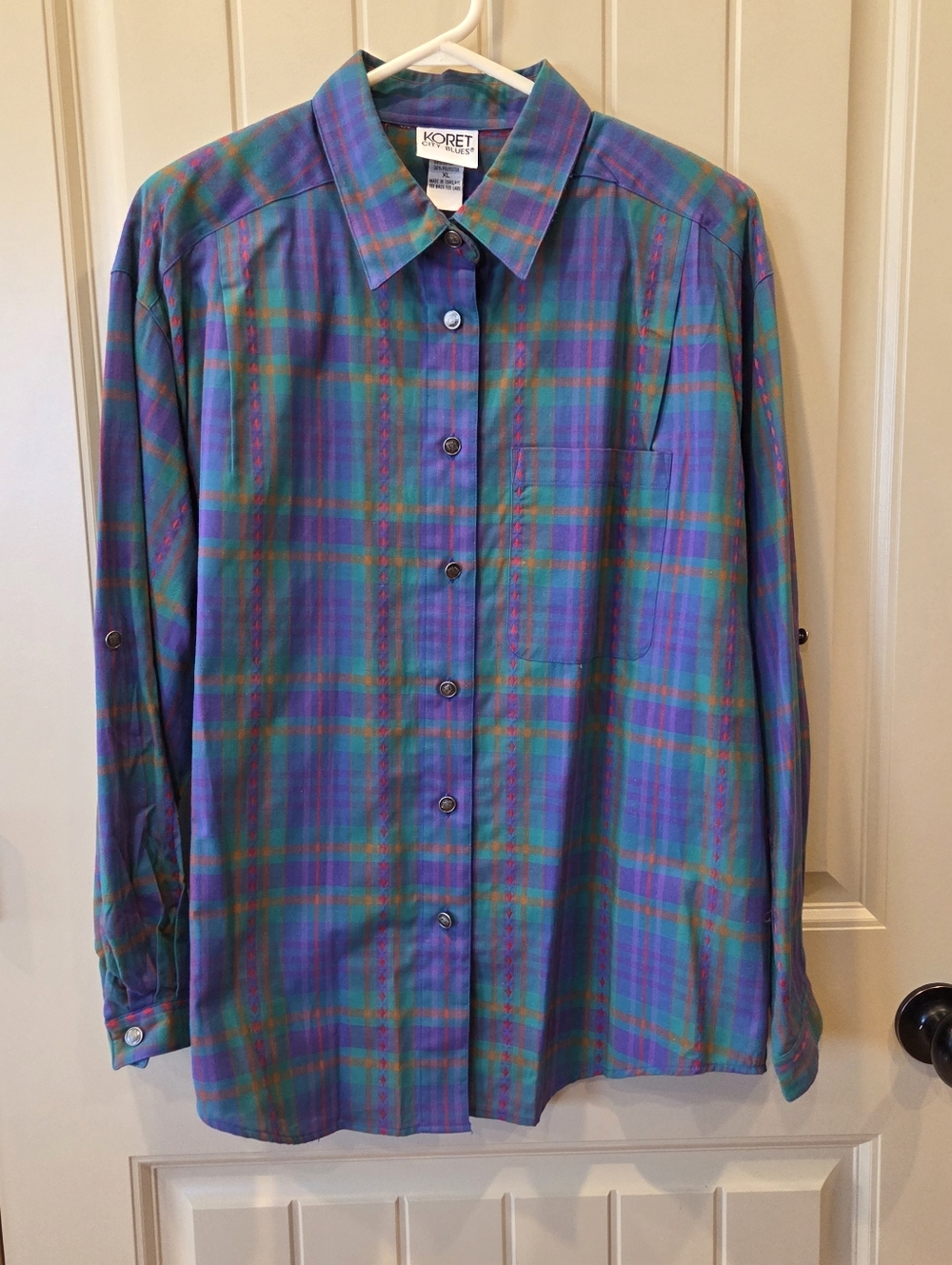 ​Vintage Koret City Blues Plaid Embroidered Shirt XL | Southwest Boho Button Dow